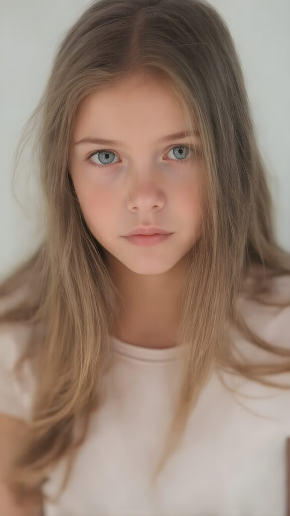a beautiful young teen girl, with (long, straight, thick, jet indigo soft hair) (with visible natural freckles on her face) (full body view, with a slightly turned head, looking up into the camera) She wears a natural indigo (thigh-length) t-shirt, (that perfectly complements her youthful figure), the lighting is soft and warm, highlighting her natural beauty and the intricate details of her dress. There is a hint of mischief on her face, reflecting the playful essence of a teenager. The overall mood of the image is one of natural beauty and youthful confidence, all against a light indigo backdrop