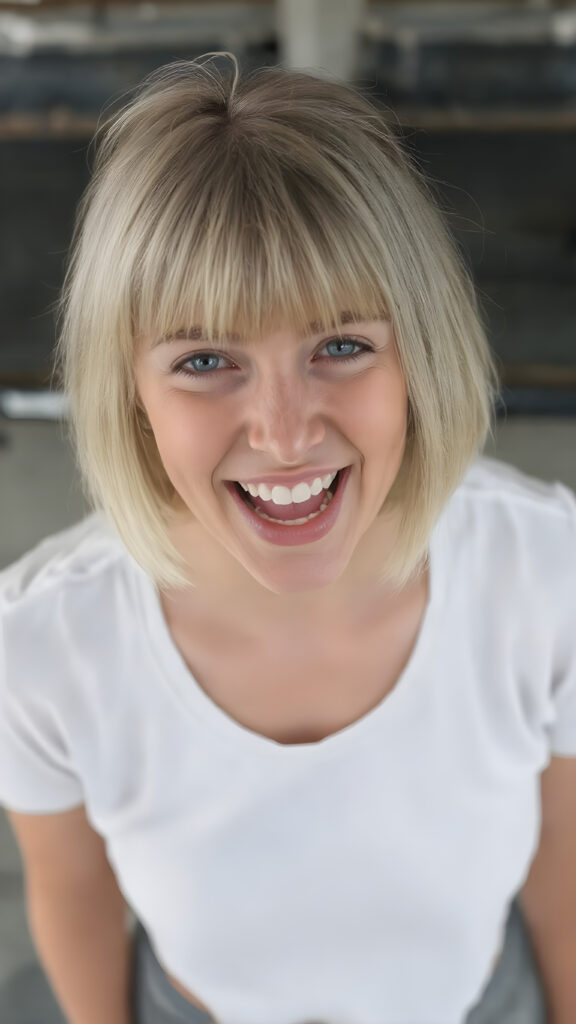 a beautiful young busty teen girl. Her short blonde hair in bob cut is soft and straight and she is overjoyed. The picture is very detailed and beautifully focused. The girl is wearing a short cropped white t-shirt and has a wonderfully shaped female body, view form above, open mouth, the girl is centered in the pictures