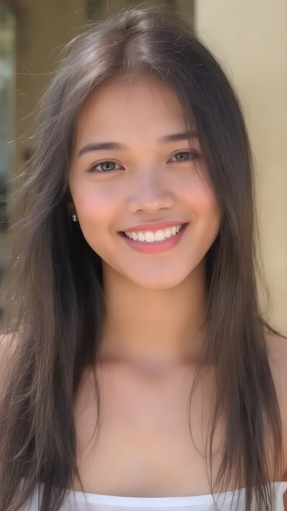 a beautiful yound adult (((Indonesian teen girl))), with long, jet soft (((black hair))), styled in a sleek, shiny, straight haircut with sharp, defined (((full lips))), emitting an ethereal glow that complements her otherwise natural features, dressed in a (((white plain short cropped tank top))), you can see her navel, she radiates pure joy, smile, perfect white teeth, against a sunny backdrop