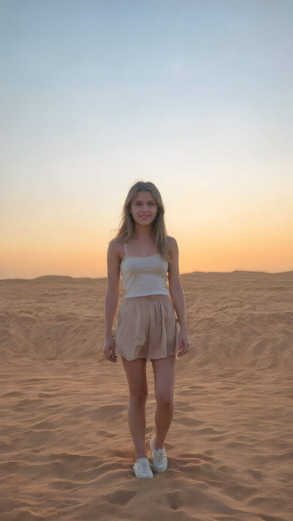 a beautiful young teen girl around 19 years, stands in a sandy desert with many dunes, an enchanting sunset, clear sky, soft colors immerse the picture in a beautiful photo, short cropped lifted tank top, round mini skirt, white shoes