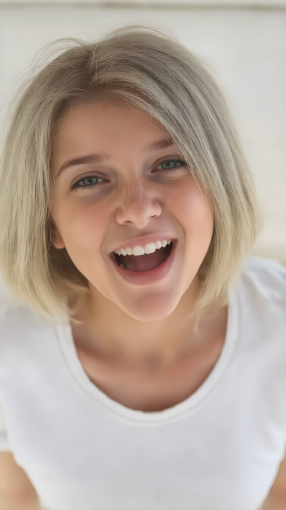 a beautiful young busty teen girl. Her short blonde hair in bob cut is soft and straight and she is overjoyed. The picture is very detailed and beautifully focused. The girl is wearing a short cropped white t-shirt and has a wonderfully shaped female body, view form above, open mouth, the girl is centered in the pictures