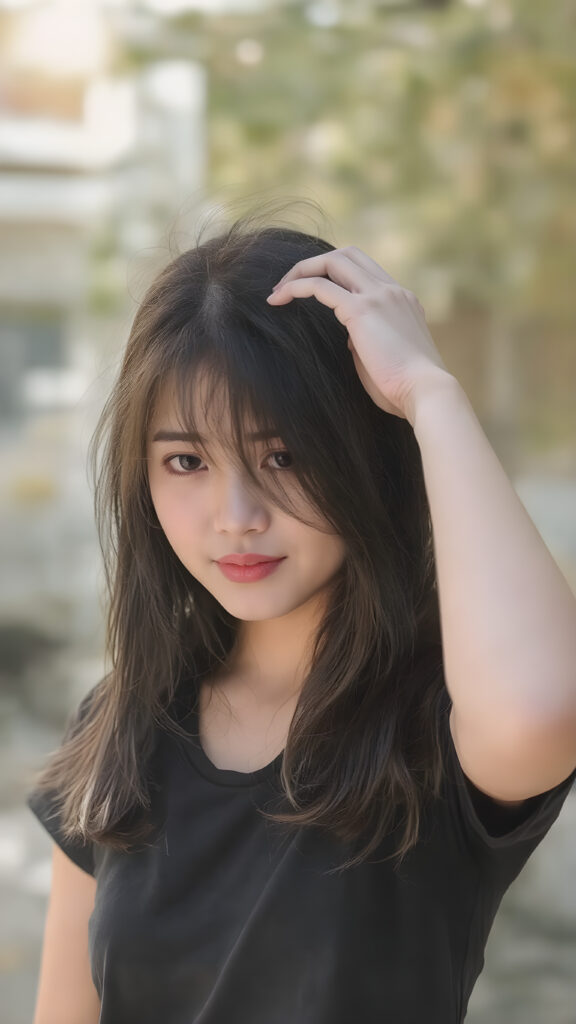 (((a beautifully realistic photo))) (((full body))), capturing a young ((Asian teen girl)) with an realistic looking (((black thick, straight soft hair))), (realistic looking eyes) that convey a sense of warmth and vitality, dressed in a soft, ((black t-shirt)), that complements her natural-toned figure, The girl's pose, with one hand on her head, captures the essence of the moment, embodying a youthful, innocent yet (mature) beauty that exudes confidence and allure. ((sunny background))