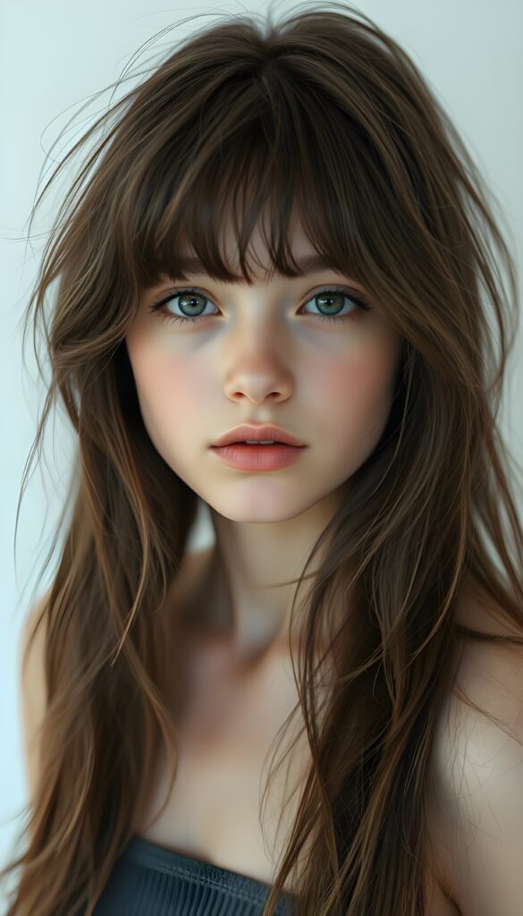 a (((beautifully upper body portrait))) of a (((young teen girl with long, messy, straight hair))), capturing a (((stunningly realistic)) curl pattern), advanced facial features that exude cuteness, like ((baby-doll eyes)), a cropped bang haircut that frames her face, hair color that mimics (hazelnut) tones, a detailed yet angelic complexion, looking directly into the camera, with impeccably drawn curves and contours that match her figure, against a (softly contrasting white backdrop), a short, sleeveless tube top that accentuate her (flawless anatomical proportions)