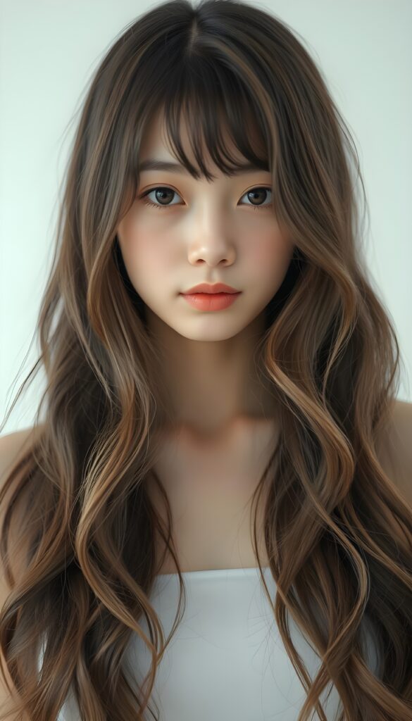 a (((beautifully upper body portrait))) of a (((young and cute Asian teen girl with long, wavy, straight hair))), capturing a (((stunningly realistic)) curl pattern), advanced facial features that exude cuteness, like ((baby-doll eyes)), a cropped bang haircut that frames her face, hair color that mimics (hazelnut) tones, a detailed yet angelic complexion, looking directly into the camera, with impeccably drawn curves and contours that match her figure, against a (softly contrasting white backdrop), a short, sleeveless tube top that accentuate her (flawless anatomical proportions)