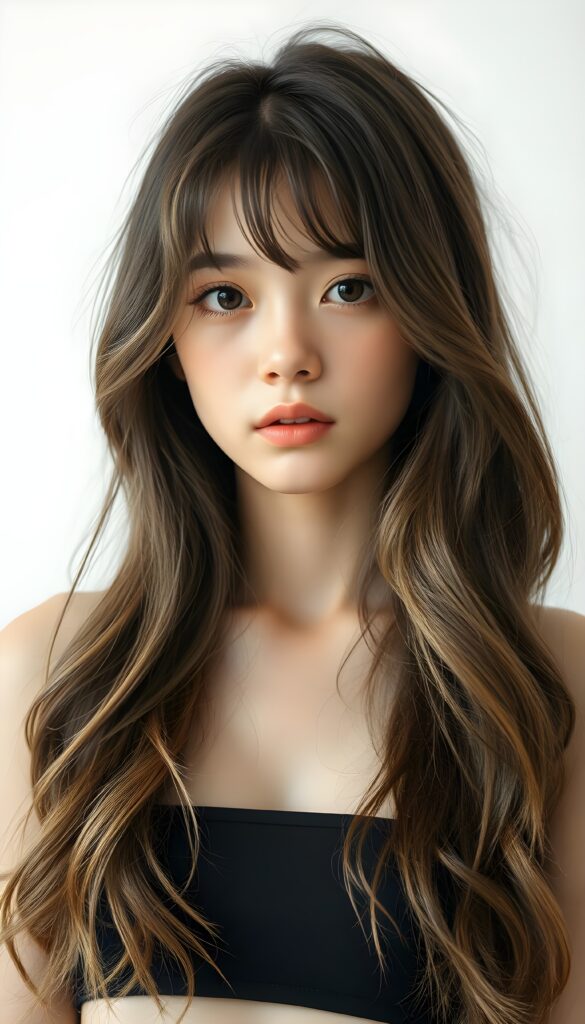a (((beautifully upper body portrait))) of a (((young and cute Asian teen girl with long, wavy, straight hair))), capturing a (((stunningly realistic)) curl pattern), advanced facial features that exude cuteness, like ((baby-doll eyes)), a cropped bang haircut that frames her face, hair color that mimics (hazelnut) tones, a detailed yet angelic complexion, looking directly into the camera, with impeccably drawn curves and contours that match her figure, against a (softly contrasting white backdrop), a short, sleeveless tube top that accentuate her (flawless anatomical proportions)