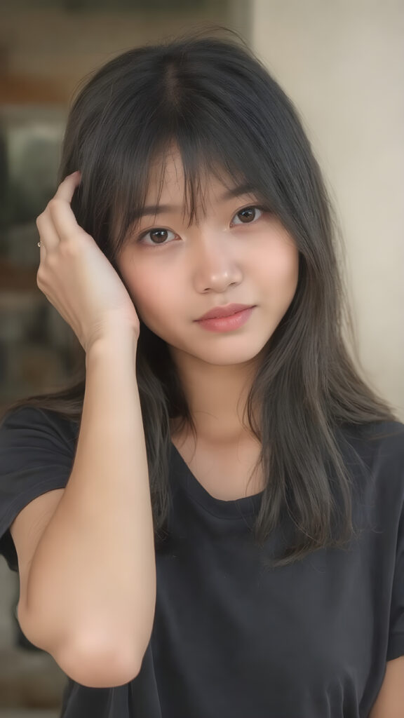 (((a beautifully realistic photo))) (((full body))), capturing a young ((Asian teen girl)) with an realistic looking (((black thick, straight soft hair))), (realistic looking eyes) that convey a sense of warmth and vitality, dressed in a soft, ((black t-shirt)), that complements her natural-toned figure, The girl's pose, with one hand on her head, captures the essence of the moment, embodying a youthful, innocent yet (mature) beauty that exudes confidence and allure. ((sunny background))