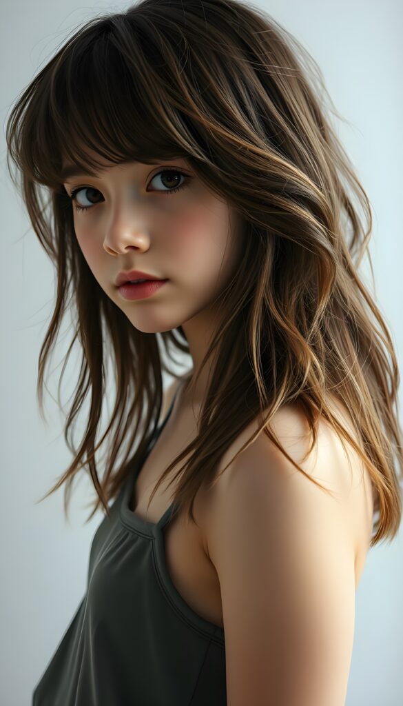 a (((beautifully full body portrait))) of a (((young teen girl with long, messy, straight shoulder-length hair))), capturing a (((stunningly realistic)) curl pattern), advanced facial features that exude cuteness, like ((baby-doll eyes)), a cropped bang haircut that frames her face, hair color that mimics (hazelnut) tones, a detailed yet angelic complexion, looking directly into the camera, a (((side profile portraits))), with impeccably drawn curves and contours that match her figure, against a (softly contrasting white backdrop), a short, sleeveless top and super short, cuffed pants that accentuate her (flawless anatomical proportions)