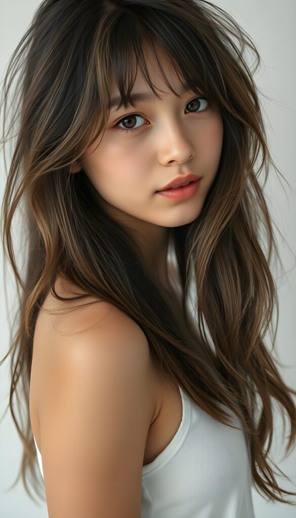 a (((beautifully full body portrait))) of a (((young teen girl with long, messy, straight shoulder-length hair))), capturing a (((stunningly realistic)) curl pattern), advanced facial features that exude cuteness, like ((baby-doll eyes)), a cropped bang haircut that frames her face, hair color that mimics (hazelnut) tones, a detailed yet angelic complexion, looking directly into the camera, a (((side profile portraits))), with impeccably drawn curves and contours that match her figure, against a (softly contrasting white backdrop), a short, sleeveless top and super short, cuffed pants that accentuate her (flawless anatomical proportions)