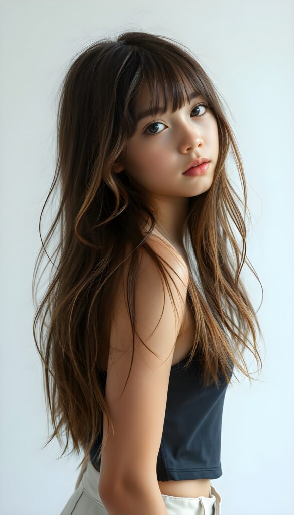 a (((beautifully full body portrait))) of a (((young teen girl with long, messy, straight shoulder-length hair))), capturing a (((stunningly realistic)) curl pattern), advanced facial features that exude cuteness, like ((baby-doll eyes)), a cropped bang haircut that frames her face, hair color that mimics (hazelnut) tones, a detailed yet angelic complexion, looking directly into the camera, a (((side profile portraits))), with impeccably drawn curves and contours that match her figure, against a (softly contrasting white backdrop), a short, sleeveless top and super short, cuffed pants that accentuate her (flawless anatomical proportions)