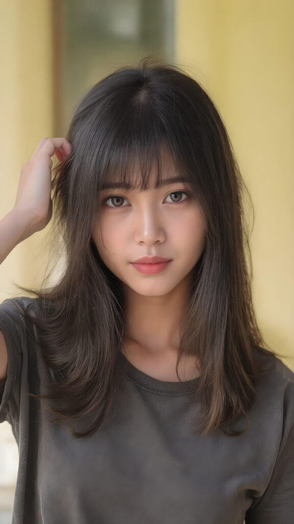 (((a beautifully realistic photo))) (((full body))), capturing a young ((Asian teen girl)) with an realistic looking (((black thick, straight soft hair))), (realistic looking eyes) that convey a sense of warmth and vitality, dressed in a soft, ((black t-shirt)), that complements her natural-toned figure, The girl's pose, with one hand on her head, captures the essence of the moment, embodying a youthful, innocent yet (mature) beauty that exudes confidence and allure. ((sunny background))