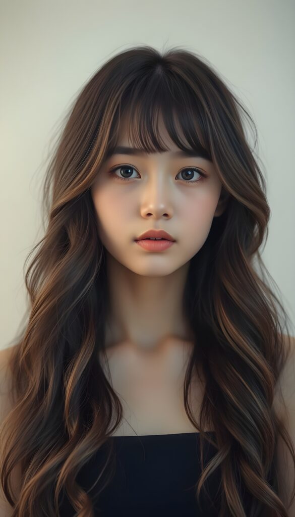 a (((beautifully upper body portrait))) of a (((young and cute Asian teen girl with long, wavy, straight hair))), capturing a (((stunningly realistic)) curl pattern), advanced facial features that exude cuteness, like ((baby-doll eyes)), a cropped bang haircut that frames her face, hair color that mimics (hazelnut) tones, a detailed yet angelic complexion, looking directly into the camera, with impeccably drawn curves and contours that match her figure, against a (softly contrasting white backdrop), a short, sleeveless tube top that accentuate her (flawless anatomical proportions)