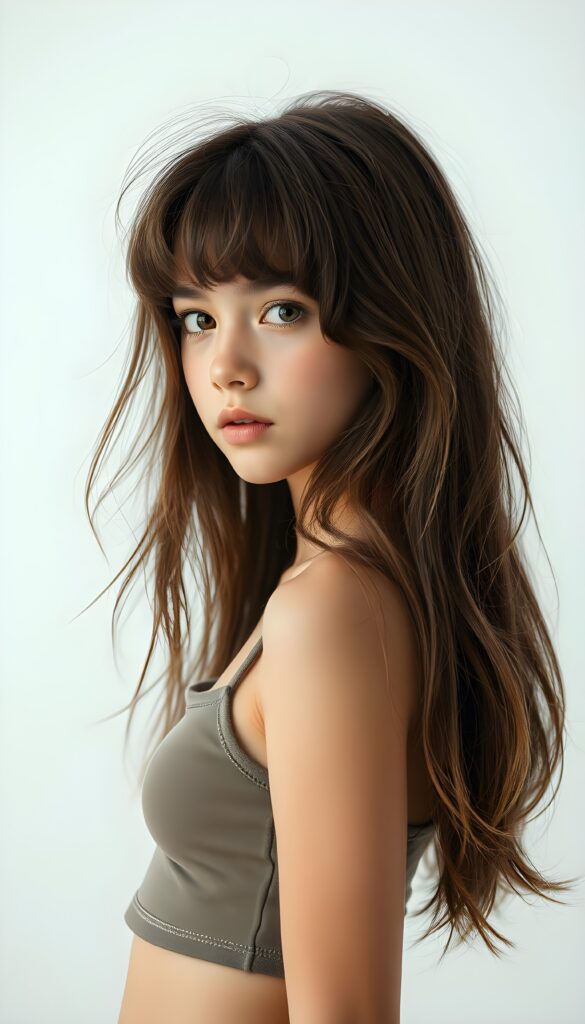 a (((beautifully full body portrait))) of a (((young teen girl with long, messy, straight shoulder-length hair))), capturing a (((stunningly realistic)) curl pattern), advanced facial features that exude cuteness, like ((baby-doll eyes)), a cropped bang haircut that frames her face, hair color that mimics (hazelnut) tones, a detailed yet angelic complexion, looking directly into the camera, a (((side profile portraits))), with impeccably drawn curves and contours that match her figure, against a (softly contrasting white backdrop), a short, sleeveless top and super short, cuffed pants that accentuate her (flawless anatomical proportions)