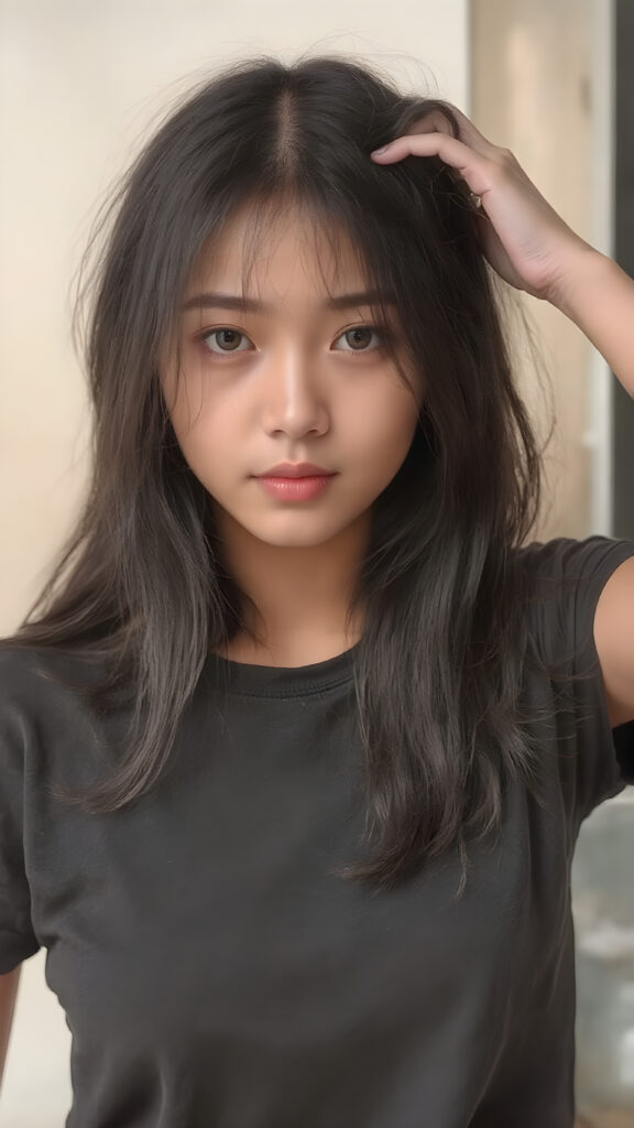 (((a beautifully realistic photo))) (((full body))), capturing a young ((Asian teen girl)) with an realistic looking (((black thick, straight soft hair))), (realistic looking eyes) that convey a sense of warmth and vitality, dressed in a soft, ((black t-shirt)), that complements her natural-toned figure, The girl's pose, with one hand on her head, captures the essence of the moment, embodying a youthful, innocent yet (mature) beauty that exudes confidence and allure. ((sunny background))