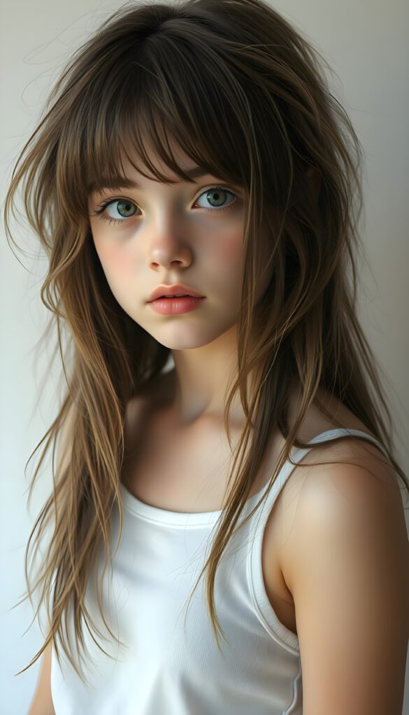 a (((beautifully upper body portrait))) of a (((young teen girl with long, messy, straight hair))), capturing a (((stunningly realistic)) curl pattern), advanced facial features that exude cuteness, like ((baby-doll eyes)), a cropped bang haircut that frames her face, hair color that mimics (hazelnut) tones, a detailed yet angelic complexion, looking directly into the camera, with impeccably drawn curves and contours that match her figure, against a (softly contrasting white backdrop), a short, sleeveless tube top that accentuate her (flawless anatomical proportions)