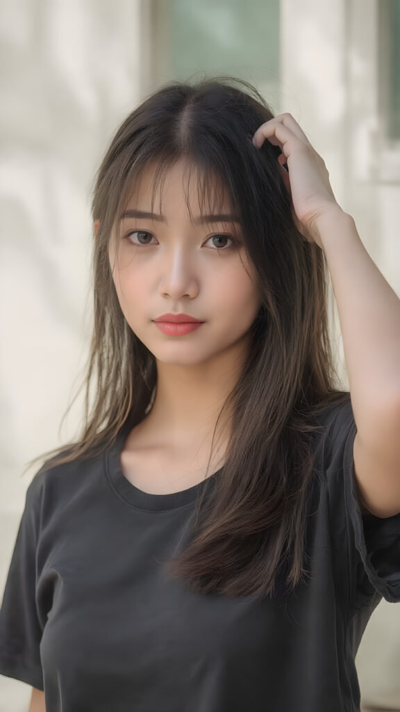 (((a beautifully realistic photo))) (((full body))), capturing a young ((Asian teen girl)) with an realistic looking (((black thick, straight soft hair))), (realistic looking eyes) that convey a sense of warmth and vitality, dressed in a soft, ((black t-shirt)), that complements her natural-toned figure, The girl's pose, with one hand on her head, captures the essence of the moment, embodying a youthful, innocent yet (mature) beauty that exudes confidence and allure. ((sunny background))