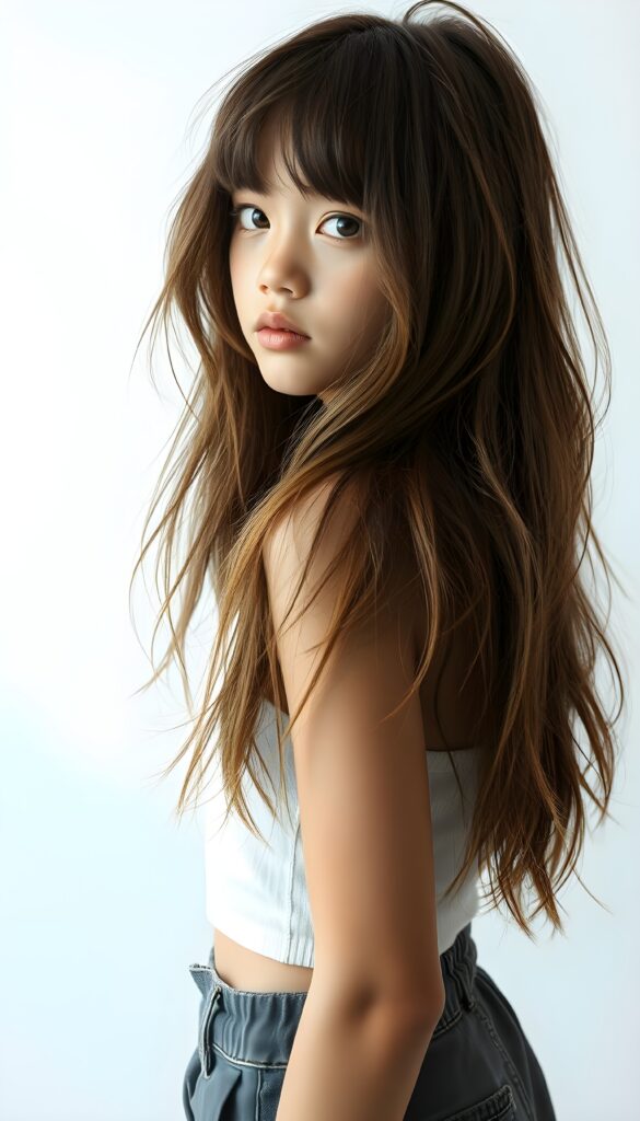a (((beautifully full body portrait))) of a (((young teen girl with long, messy, straight shoulder-length hair))), capturing a (((stunningly realistic)) curl pattern), advanced facial features that exude cuteness, like ((baby-doll eyes)), a cropped bang haircut that frames her face, hair color that mimics (hazelnut) tones, a detailed yet angelic complexion, looking directly into the camera, a (((side profile portraits))), with impeccably drawn curves and contours that match her figure, against a (softly contrasting white backdrop), a short, sleeveless top and super short, cuffed pants that accentuate her (flawless anatomical proportions)