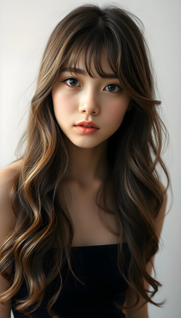 a (((beautifully upper body portrait))) of a (((young and cute Asian teen girl with long, wavy, straight hair))), capturing a (((stunningly realistic)) curl pattern), advanced facial features that exude cuteness, like ((baby-doll eyes)), a cropped bang haircut that frames her face, hair color that mimics (hazelnut) tones, a detailed yet angelic complexion, looking directly into the camera, with impeccably drawn curves and contours that match her figure, against a (softly contrasting white backdrop), a short, sleeveless tube top that accentuate her (flawless anatomical proportions)