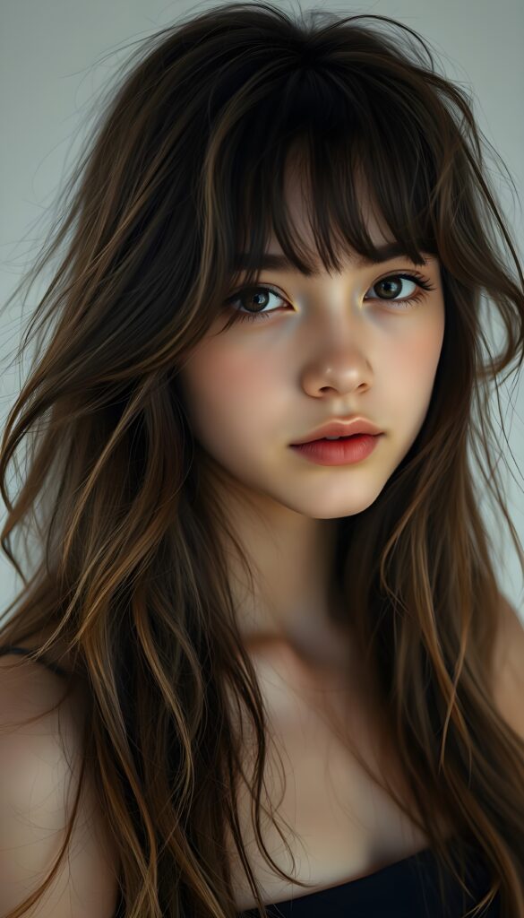 a (((beautifully upper body portrait))) of a (((young teen girl with long, messy, straight hair))), capturing a (((stunningly realistic)) curl pattern), advanced facial features that exude cuteness, like ((baby-doll eyes)), a cropped bang haircut that frames her face, hair color that mimics (hazelnut) tones, a detailed yet angelic complexion, looking directly into the camera, with impeccably drawn curves and contours that match her figure, against a (softly contrasting white backdrop), a short, sleeveless tube top that accentuate her (flawless anatomical proportions)