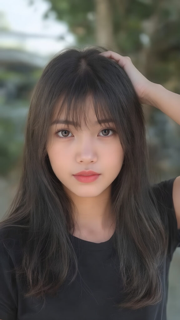 (((a beautifully realistic photo))) (((full body))), capturing a young ((Asian teen girl)) with an realistic looking (((black thick, straight soft hair))), (realistic looking eyes) that convey a sense of warmth and vitality, dressed in a soft, ((black t-shirt)), that complements her natural-toned figure, The girl's pose, with one hand on her head, captures the essence of the moment, embodying a youthful, innocent yet (mature) beauty that exudes confidence and allure. ((sunny background))