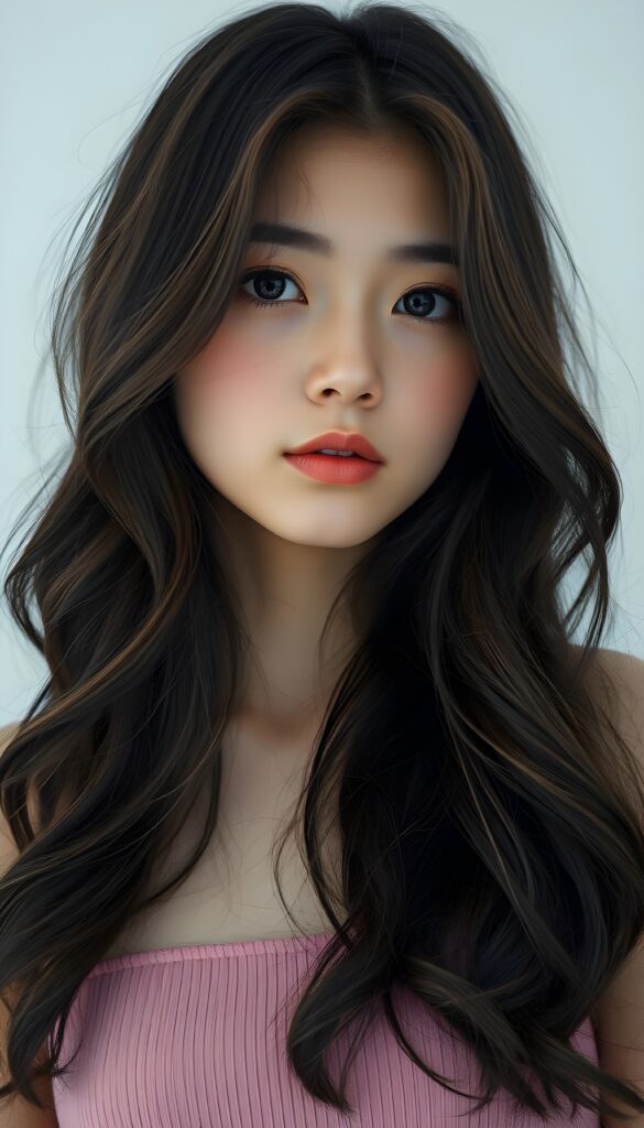 a (((beautifully upper body portrait))) of a (((young and cute Asian teen girl with long, wavy, straight hair))), capturing a (((stunningly realistic)) curl pattern), advanced facial features that exude cuteness, like ((baby-doll eyes)), a cropped bang haircut that frames her face, hair color that mimics (hazelnut) tones, a detailed yet angelic complexion, looking directly into the camera, with impeccably drawn curves and contours that match her figure, against a (softly contrasting white backdrop), a short, sleeveless tube top that accentuate her (flawless anatomical proportions)