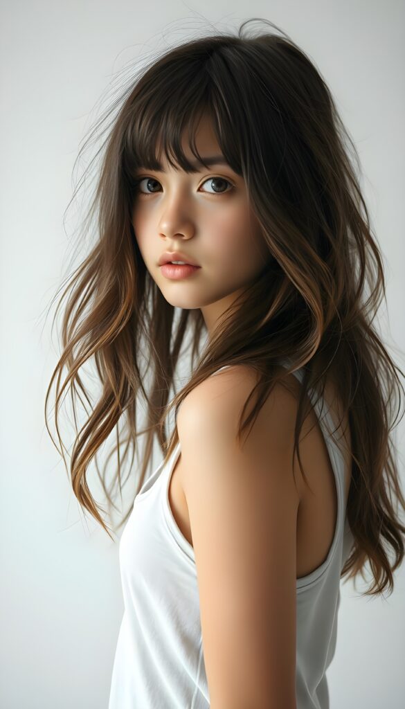 a (((beautifully full body portrait))) of a (((young teen girl with long, messy, straight shoulder-length hair))), capturing a (((stunningly realistic)) curl pattern), advanced facial features that exude cuteness, like ((baby-doll eyes)), a cropped bang haircut that frames her face, hair color that mimics (hazelnut) tones, a detailed yet angelic complexion, looking directly into the camera, a (((side profile portraits))), with impeccably drawn curves and contours that match her figure, against a (softly contrasting white backdrop), a short, sleeveless top and super short, cuffed pants that accentuate her (flawless anatomical proportions)