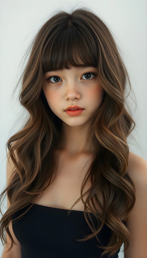 a (((beautifully upper body portrait))) of a (((young and cute Asian teen girl with long, wavy, straight hair))), capturing a (((stunningly realistic)) curl pattern), advanced facial features that exude cuteness, like ((baby-doll eyes)), a cropped bang haircut that frames her face, hair color that mimics (hazelnut) tones, a detailed yet angelic complexion, looking directly into the camera, with impeccably drawn curves and contours that match her figure, against a (softly contrasting white backdrop), a short, sleeveless tube top that accentuate her (flawless anatomical proportions)