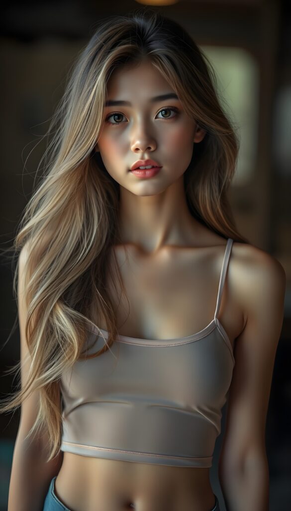a (beautifully realistic cute teen girl), with long, flowing, voluminous, light brown soft hair and blond highlights, flawless (porcelain skin), a small flawless nose, and rosy red lips, dressed in a (plain very short tight revealing translucent tank top), posing confidently, Philippines