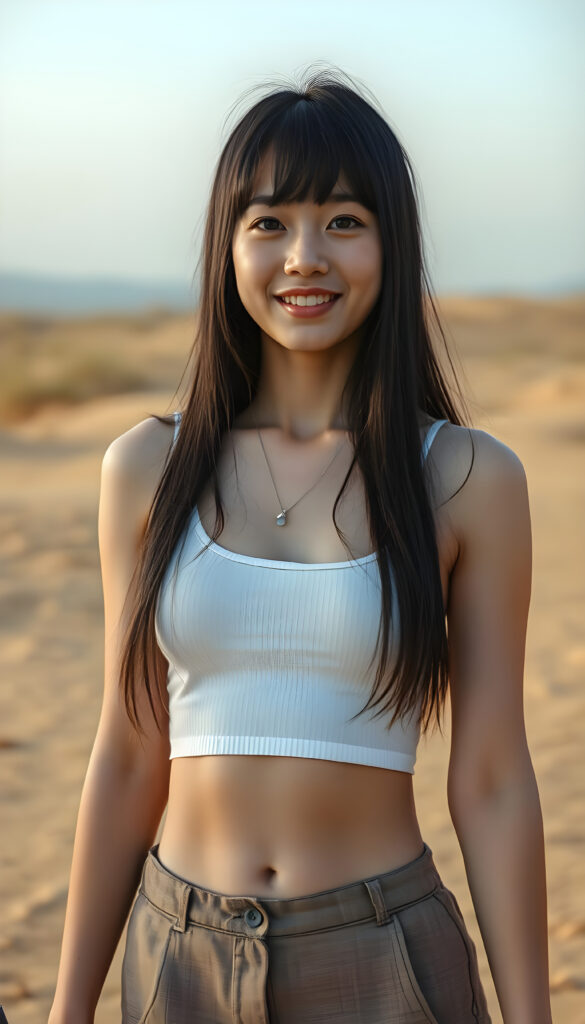 a beautifully (((super realistic young Korean girl))), she stands alone in a sandy yellow desert, with a curvy figure and intricate details, dressed in a (((super short, tight white tank top))), paired with a (((round, short mini skirt))), with long, flowing black hair with blond highlights, happy, withe teeth, stunning, realistic, detailed