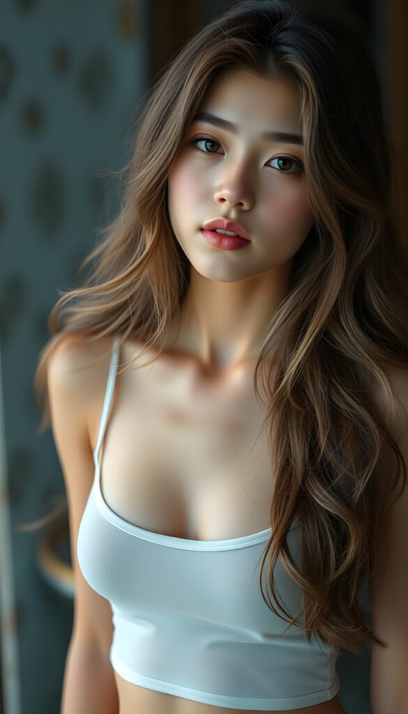 a (beautifully realistic cute teen girl), with long, flowing, voluminous, light brown soft hair and blond highlights, flawless (porcelain skin), a small flawless nose, and rosy red lips, dressed in a (plain very short tight revealing translucent tank top), posing confidently, Philippines