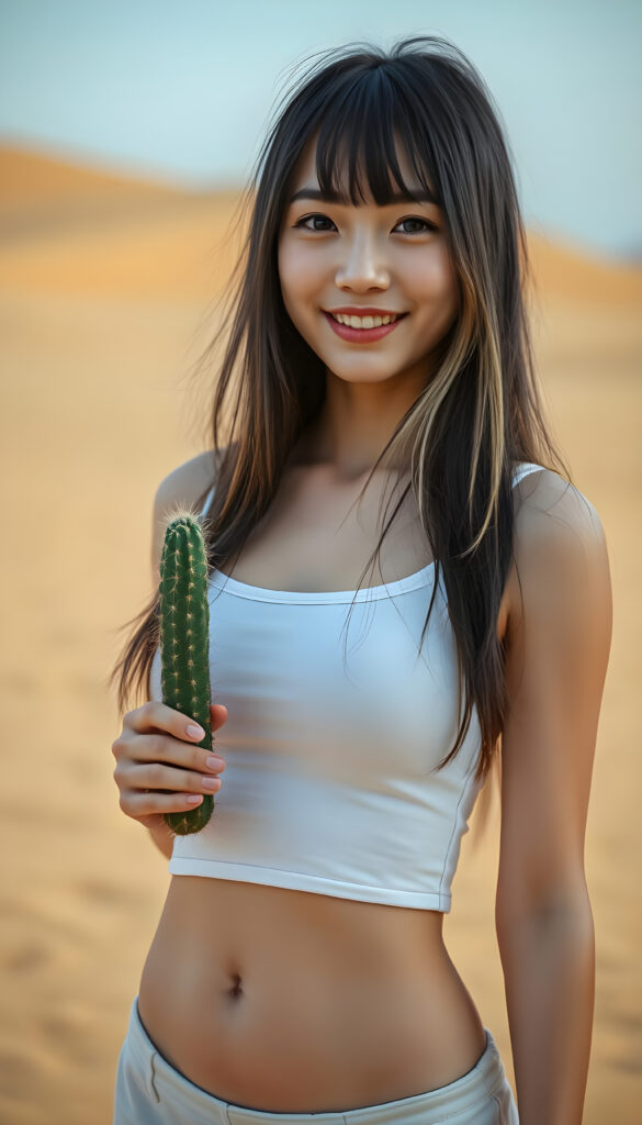 a beautifully (((super realistic young Korean girl, perfect bangs))), she stands alone in a sandy yellow desert and she is holding a cactus in both hands, with a curvy figure and intricate details, dressed in a (((super short, tight white tank top))), paired with a (((round, short mini skirt))), with long, straight shoulder long black hair with blond highlights, happy, white teeth, stunning, realistic, detailed