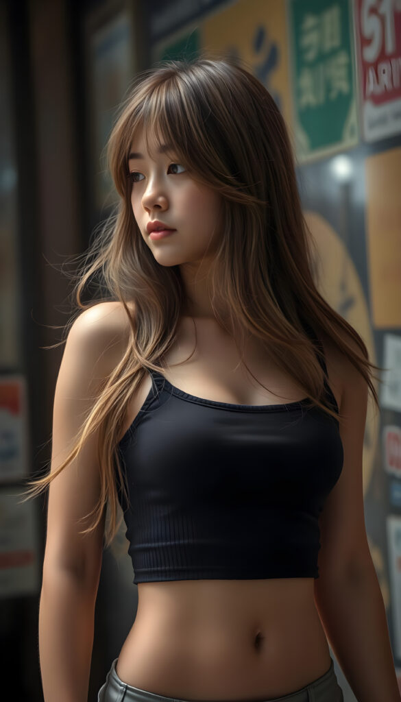 a beautifully (((super realistic 18-year-old Japanese girl))), with a curvy figure and intricate details, dressed in a (((super short, tight tank top))), paired with a (((round, short mini skirt))), side view, with long, flowing brown hair with blond highlights, and brown eyes