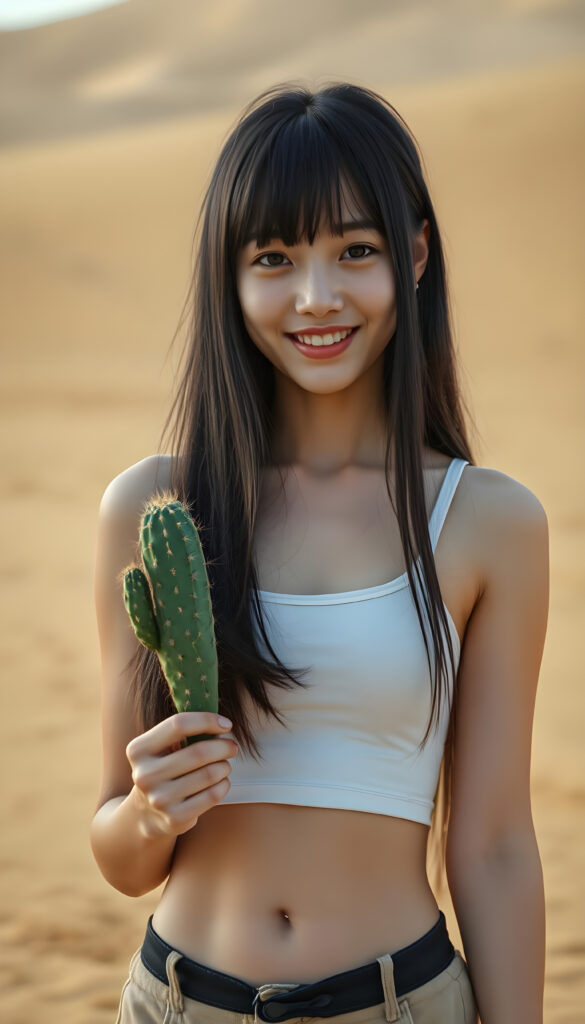 a beautifully (((super realistic young Korean girl, perfect bangs))), she stands alone in a sandy yellow desert and she is holding a cactus in her hand, with a curvy figure and intricate details, dressed in a (((super short, tight white tank top))), paired with a (((round, short mini skirt))), with long, straight black hair falls down to her waist with blond highlights, happy, white teeth, stunning, realistic, detailed