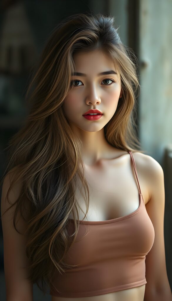 a (beautifully realistic cute teen girl), with long, flowing, voluminous, light brown soft hair and blond highlights, flawless (porcelain skin), a small flawless nose, and rosy red lips, dressed in a (plain very short tight revealing translucent tank top), posing confidently, Philippines