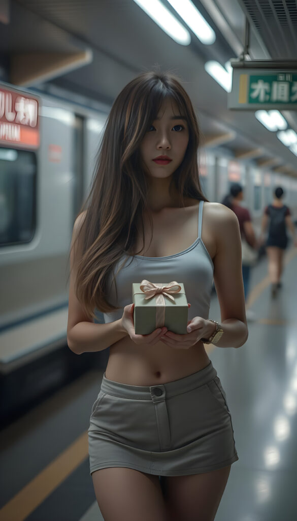 a beautifully (((super realistic 18-year-old Japanese girl))), she stands alone in a subway station holding a gift in her both hands, with a curvy figure and intricate details, dressed in a (((super short, tight tank top))), paired with a (((round, short mini skirt))), with long, flowing brown hair with blond highlights
