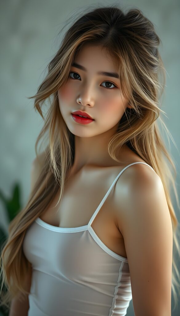 a (beautifully realistic cute teen girl), with long, flowing, voluminous, light brown soft hair and blond highlights, flawless (porcelain skin), a small flawless nose, and rosy red lips, dressed in a (plain very short tight revealing translucent tank top), posing confidently, Philippines