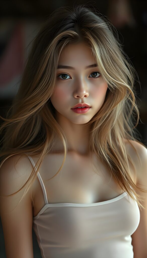 a (beautifully realistic cute teen girl), with long, flowing, voluminous, light brown soft hair and blond highlights, flawless (porcelain skin), a small flawless nose, and rosy red lips, dressed in a (plain very short tight revealing translucent tank top), posing confidently, Philippines