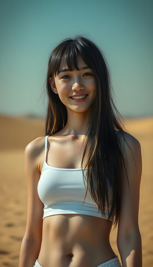 a beautifully (((super realistic young Korean girl))), she stands alone in a sandy yellow desert, with a curvy figure and intricate details, dressed in a (((super short, tight white tank top))), paired with a (((round, short mini skirt))), with long, flowing black hair with blond highlights, happy, withe teeth, stunning, realistic, detailed