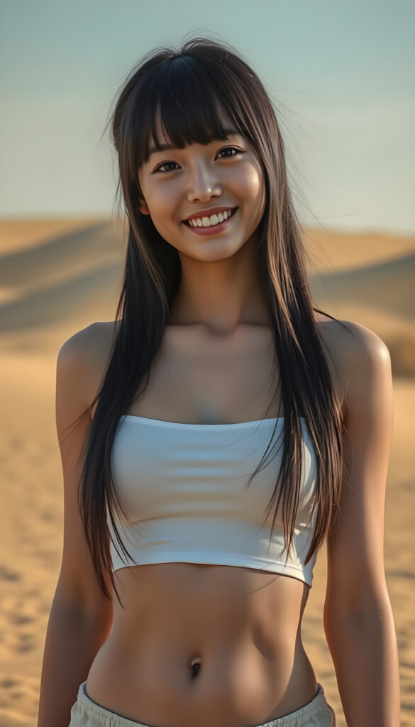 a beautifully (((super realistic young Korean girl))), she stands alone in a sandy yellow desert, with a curvy figure and intricate details, dressed in a (((super short, tight white tank top))), paired with a (((round, short mini skirt))), with long, flowing black hair with blond highlights, happy, withe teeth, stunning, realistic, detailed