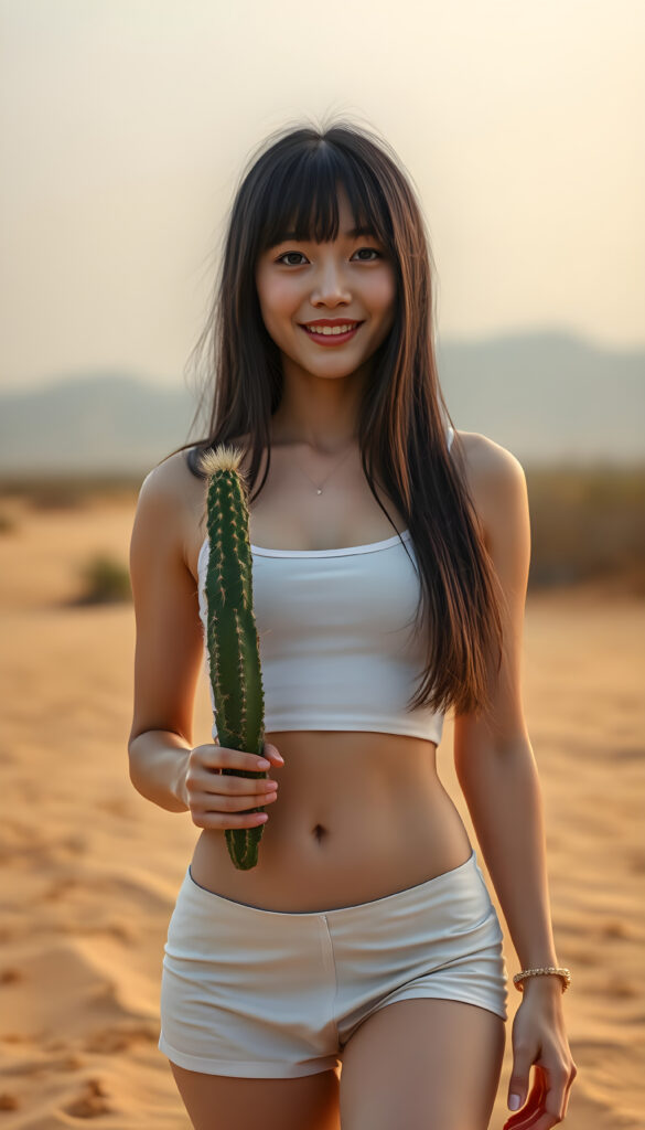 a beautifully (((super realistic young Korean girl, perfect bangs))), she stands alone in a sandy yellow desert and she is holding a cactus in her hand, with a curvy figure and intricate details, dressed in a (((super short, tight white tank top))), paired with a (((round, short mini skirt))), with long, straight black hair falls down to her waist with blond highlights, happy, white teeth, stunning, realistic, detailed