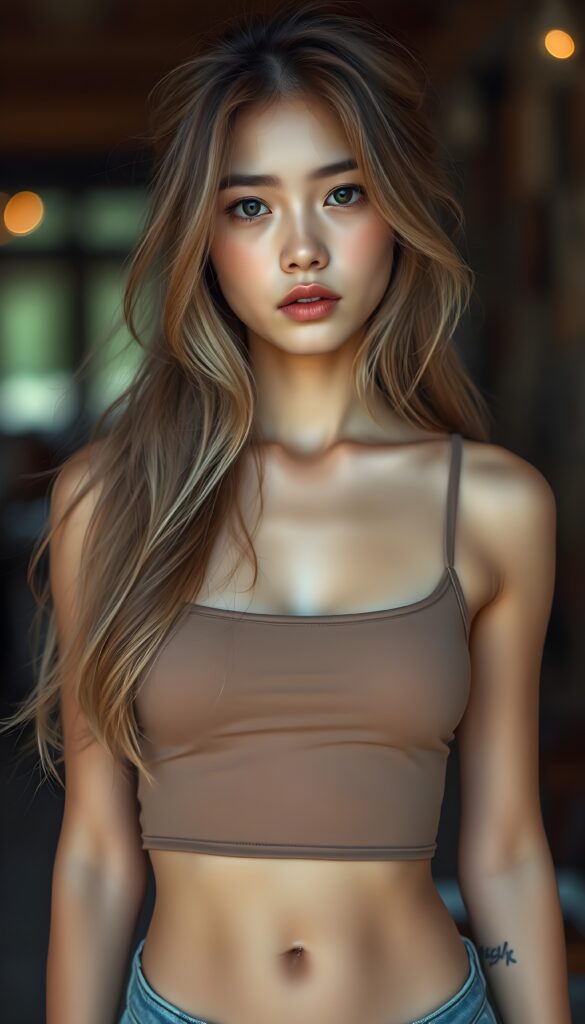 a (beautifully realistic cute teen girl), with long, flowing, voluminous, light brown soft hair and blond highlights, flawless (porcelain skin), a small flawless nose, and rosy red lips, dressed in a (plain very short tight revealing translucent tank top), posing confidently, Philippines