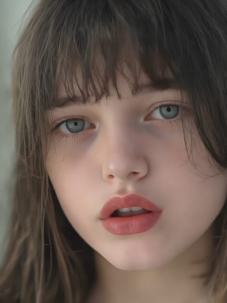 a beautifully close up portrait features of a young teen girl, with hyper realistic, ultra high definition skin texture and glossy lipstick-adorned full lips, the scene is captured in a high-resolution, 8K setting, under a soft, diffused light, super straight jet black hair, bangs, open mouth, seductive