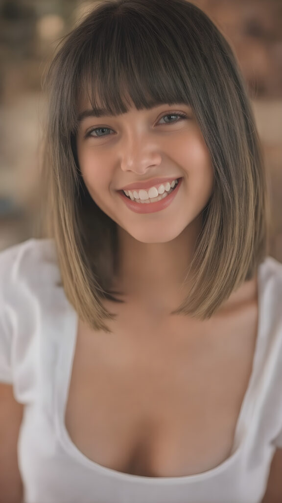 a beautifully captured moment where a (((teen girl))) with (((straight, soft brown and black hair, bob cut))), which is parted slightly to the side, is open mouth and smiling with warm and inviting expression. She's also got (((perfectly shaped teeth))), as visible in the advanced (((full body view))), where the focus is on her face and full lips, giving off an air of natural allure. She's dressed in a (((low-cut, cropped white t-shirt))), which accentuates her toned body even more. Her face and body are perfectly proportioned, with a 16-year-old girl's petite frame, which is further accentuated by her short, tight white t-shirt. This captures a truly youthful and innocent vibe, reminiscent of a high-quality 8K image, perfect for a fashion or beauty inspiration