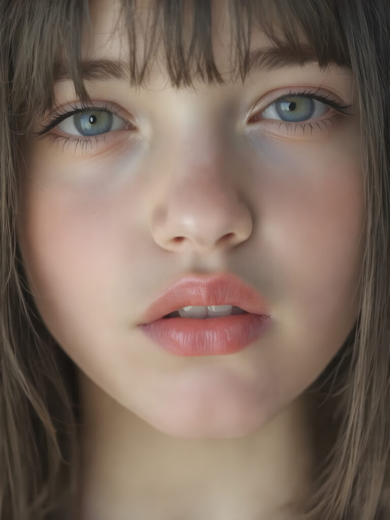 a beautifully close up portrait features of a young teen girl, with hyper realistic, ultra high definition skin texture and glossy lipstick-adorned full lips, the scene is captured in a high-resolution, 8K setting, under a soft, diffused light, super straight jet black hair, bangs, open mouth, seductive