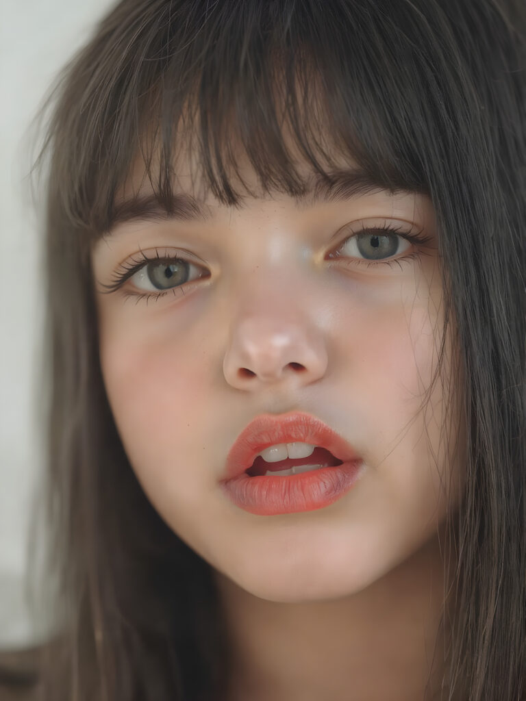 a beautifully close up portrait features of a young teen girl, with hyper realistic, ultra high definition skin texture and glossy lipstick-adorned full lips, the scene is captured in a high-resolution, 8K setting, under a soft, diffused light, super straight jet black hair, bangs, open mouth, seductive