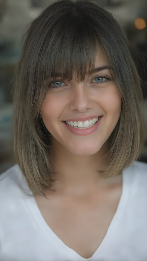 a beautifully captured moment where a (((teen girl))) with (((straight, soft brown and black hair, bob cut))), which is parted slightly to the side, is open mouth and smiling with warm and inviting expression. She's also got (((perfectly shaped teeth))), as visible in the advanced (((full body view))), where the focus is on her face and full lips, giving off an air of natural allure. She's dressed in a (((low-cut, cropped white t-shirt))), which accentuates her toned body even more. Her face and body are perfectly proportioned, with a 16-year-old girl's petite frame, which is further accentuated by her short, tight white t-shirt. This captures a truly youthful and innocent vibe, reminiscent of a high-quality 8K image, perfect for a fashion or beauty inspiration