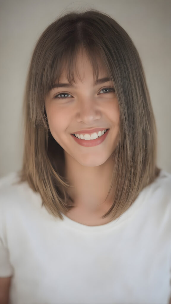 a beautifully captured moment where a (((teen girl))) with (((straight, soft brown and black hair, bob cut))), which is parted slightly to the side, is open mouth and smiling with warm and inviting expression. She's also got (((perfectly shaped teeth))), as visible in the advanced (((full body view))), where the focus is on her face and full lips, giving off an air of natural allure. She's dressed in a (((low-cut, cropped white t-shirt))), which accentuates her toned body even more. Her face and body are perfectly proportioned, with a 16-year-old girl's petite frame, which is further accentuated by her short, tight white t-shirt. This captures a truly youthful and innocent vibe, reminiscent of a high-quality 8K image, perfect for a fashion or beauty inspiration