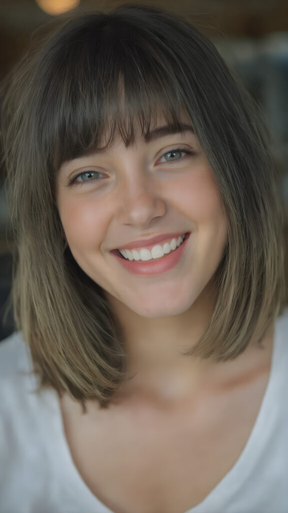 a beautifully captured moment where a (((teen girl))) with (((straight, soft brown and black hair, bob cut))), which is parted slightly to the side, is open mouth and smiling with warm and inviting expression. She's also got (((perfectly shaped teeth))), as visible in the advanced (((full body view))), where the focus is on her face and full lips, giving off an air of natural allure. She's dressed in a (((low-cut, cropped white t-shirt))), which accentuates her toned body even more. Her face and body are perfectly proportioned, with a 16-year-old girl's petite frame, which is further accentuated by her short, tight white t-shirt. This captures a truly youthful and innocent vibe, reminiscent of a high-quality 8K image, perfect for a fashion or beauty inspiration