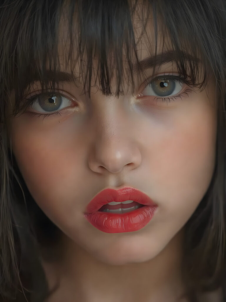 a beautifully close up portrait features of a young teen girl, with hyper realistic, ultra high definition skin texture and glossy lipstick-adorned full lips, the scene is captured in a high-resolution, 8K setting, under a soft, diffused light, super straight jet black hair, bangs, open mouth, seductive