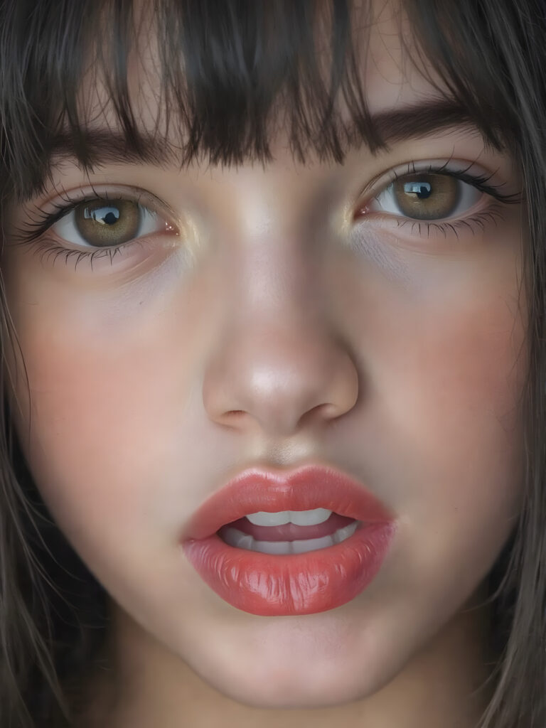 a beautifully close up portrait features of a young teen girl, with hyper realistic, ultra high definition skin texture and glossy lipstick-adorned full lips, the scene is captured in a high-resolution, 8K setting, under a soft, diffused light, super straight jet black hair, bangs, open mouth, seductive