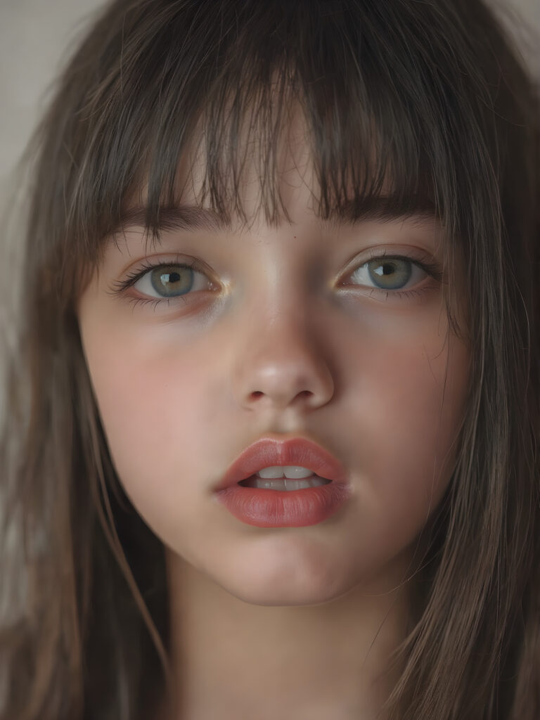 a beautifully close up portrait features of a young teen girl, with hyper realistic, ultra high definition skin texture and glossy lipstick-adorned full lips, the scene is captured in a high-resolution, 8K setting, under a soft, diffused light, super straight jet black hair, bangs, open mouth, seductive